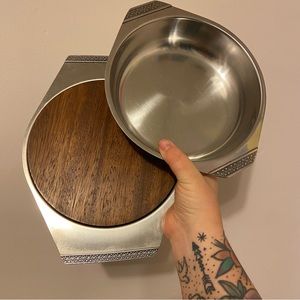 Vintage Silver & Wood Serving Tray and Bowl Dish Set